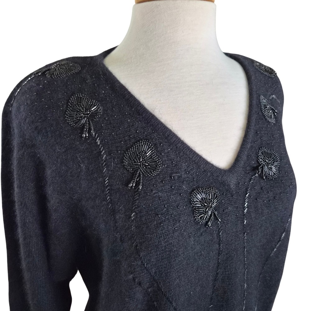 Vintage Saks Fifth Avenue Black Angora Lambswool Beaded V-Neck Sweater‎ Large